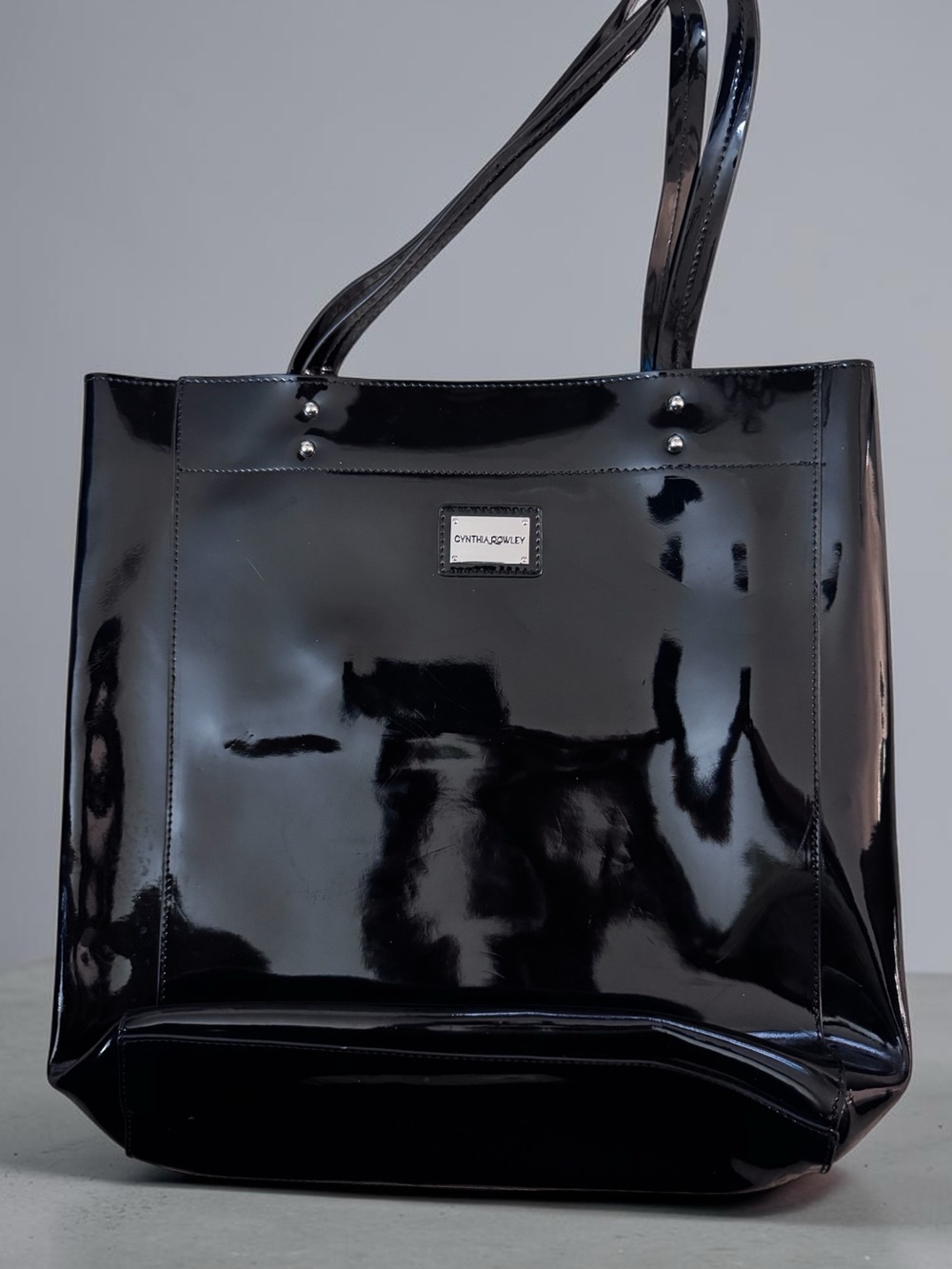 Cynthia Rowley Black Glossy Patent Leather Tote Bag Y2K Minimalist Chic